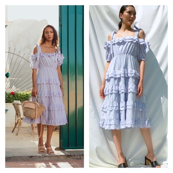 NWT BY MALINA Edda Tiered Ruffle Off the Shoulder Midi Dress Azure Blue Small - Picture 1 of 13